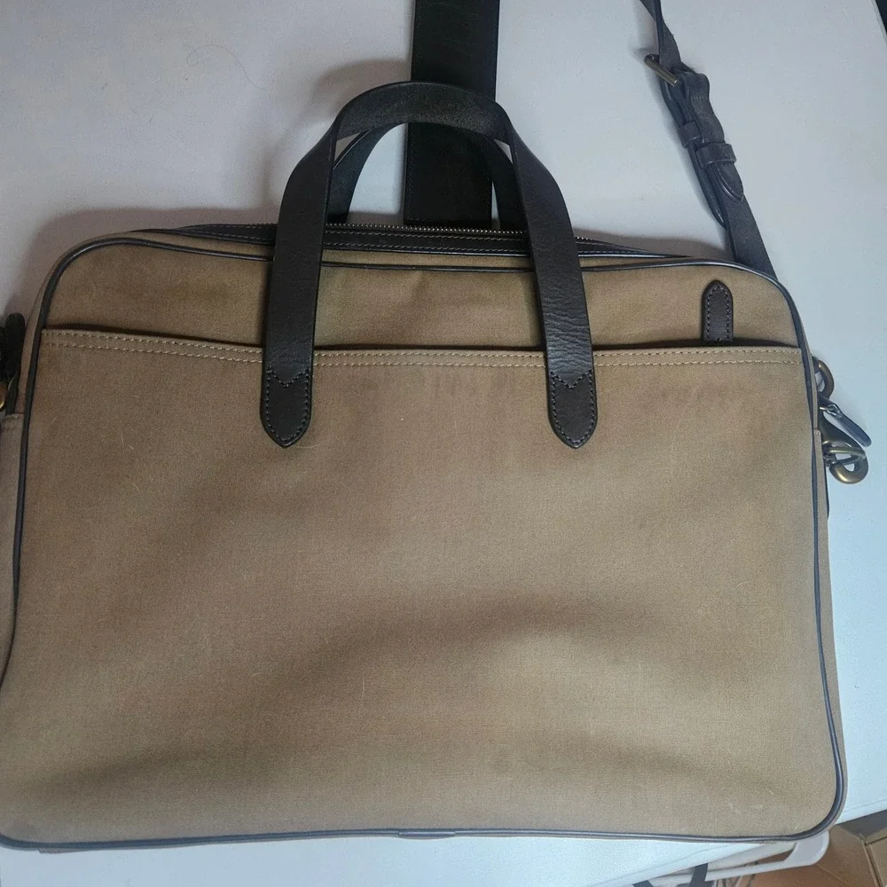 Polo Ralph Lauren Tan Canvas Leather Trim Commuter Briefcase Laptop Bag Mens